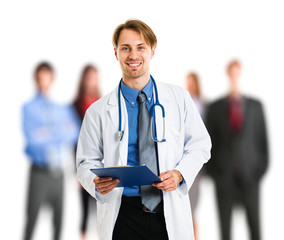 Handsome doctor in front of his patients