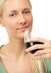 A portrait of a young woman with a glass of red wine