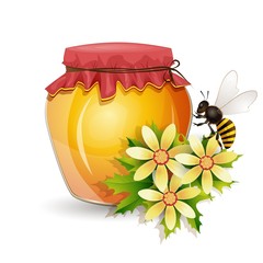 Honey jar with bee and flowers isolated on white