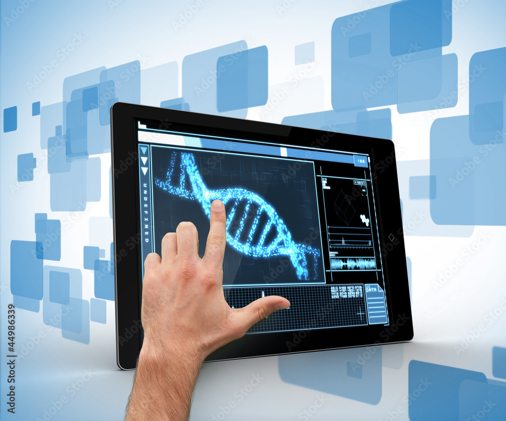 Poster man touching tablet pc with dna interface