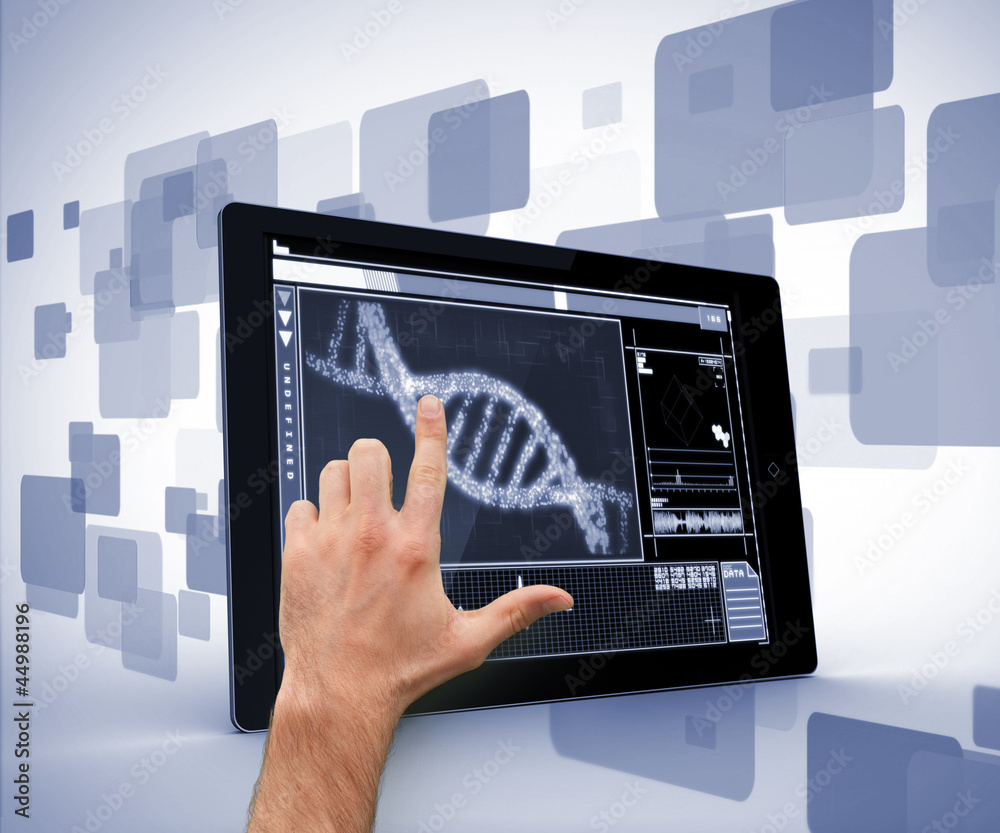 Poster Man pointing at DNA interface on digital tablet