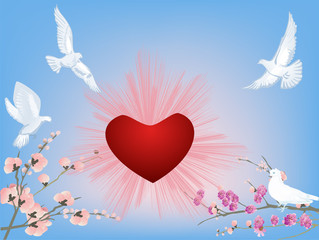 four white doves near red heart