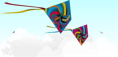 two kites in blue sky