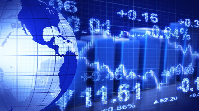 globe and graphs blue stock market loopable background