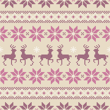 Purple/Beige Seamless Cross Stitching Pattern Norwegian Style