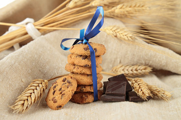 gourmet cookies with blue ribbon - obrazy, fototapety, plakaty