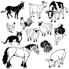 vector set with farm animals black and white