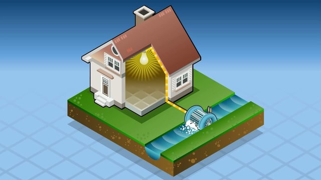 Isometric house powered by watermill