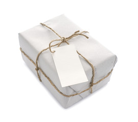 Parcel wrapped with paper, tied with string