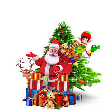 santa with elves hiding behind christmas tree