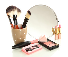 cosmetics near mirror isolated on white