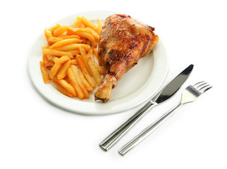 Roast chicken with french fries on plate, isolated on white
