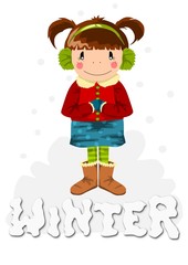 Young happy girl in winter time - vector illustration.