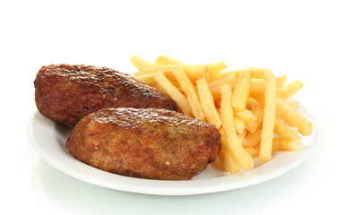 Potatoes fries with burgers in the plate isolated