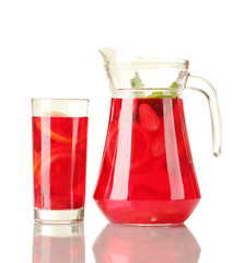 sangria in jar and glass, isolated on white