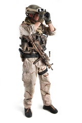 Soldier with binoculars against white background. Full body.