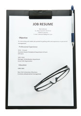 resume with glasses on clipboard, isolated on white