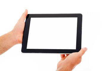 Hands holding tablet computer. Isolated on white background.