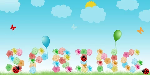 Cercles muraux Coccinelles Carte de printemps formant le mot printemps avec des fleurs