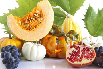autumnal fruit and vegetable with halloween pumpkin