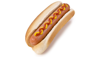 Classic hot dog with a grilled sausage, garnished with ketchup and mustard, served in a soft bun. Isolated on a white background, perfect for food ads, menus, and design projects.