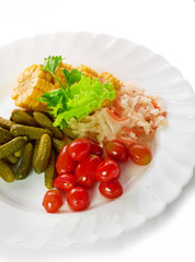 pickled vegetables of tomato, cucumber, cabbage isolated