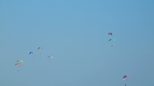 Numerous paragliders flying in the sky on a sunny day