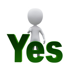 3d small person standing near to an yes icon. 3d image. Isolated