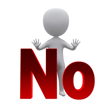 3d small person standing near to an no icon. 3d image. Isolated