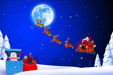 santa claus with his sleigh in iceland with moon