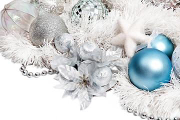 Christmas composition with blue ball and silver flower