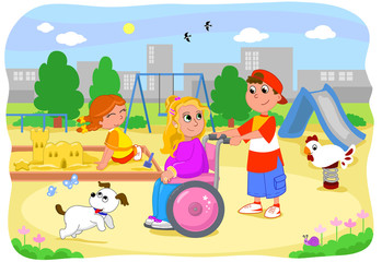 Obraz na płótnie Canvas Pretty blond dziewczyna na wózku inwalidzkim, na placu zabaw z przyjaciółmi