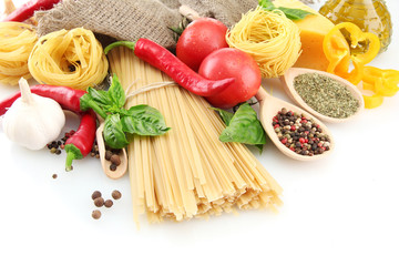 Pasta spaghetti, vegetables and spices, isolated on white