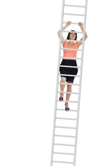 Woman climbs up the ladder