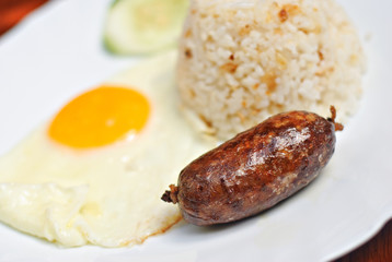 Breakfast Fried Garlic Sausage with Egg and Rice