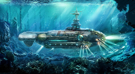 Fantastic submarine - obrazy, fototapety, plakaty