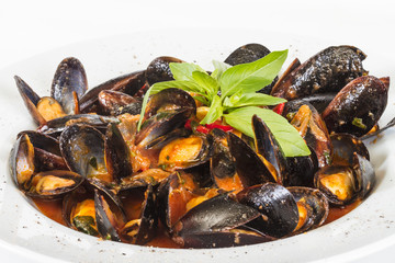 close up on mussels on white background