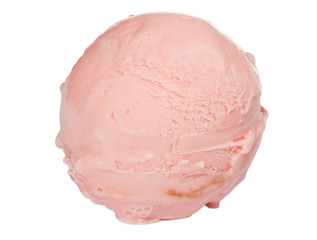 Scoop of strawberry ice cream from top on white background