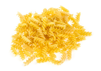 A portion of Rotini corkscrew pasta isolated on white.