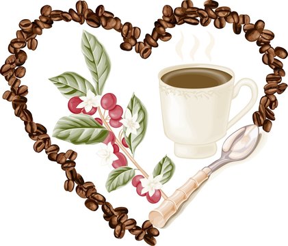 recommend clip art: Cup coffee and coffee beans inside in heart