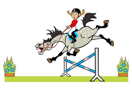 little girl with cheerful pony jumping fence