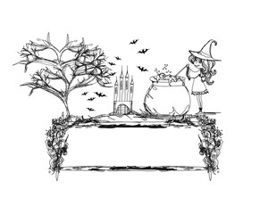 Halloween witch preparing potion - doodle