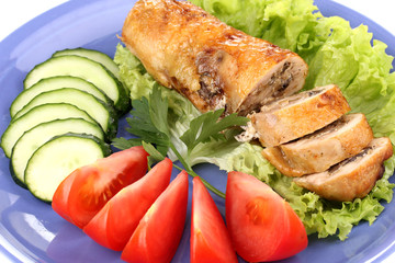 Tasty meat cutlet with garnish on plate close-up