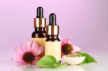 bottles with essence oil and purple echinacea,