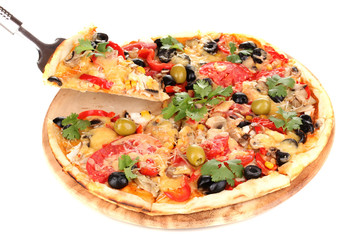 Tasty pizza with vegetables, chicken and olives isolated