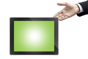 Office worker holding blank digital tablet