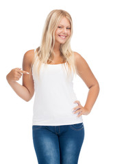 Fototapeta premium smiling teenage girl in blank white t-shirt