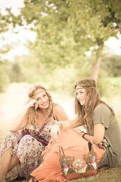 Two young beautiful girls hippie