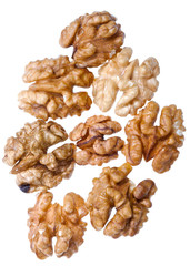 several peeled walnut kernels isolated on white