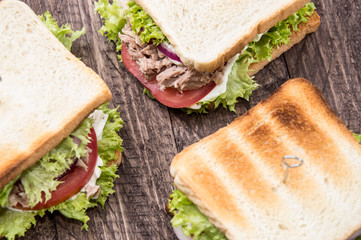 Fresh made Tuna Sandwiches on wood